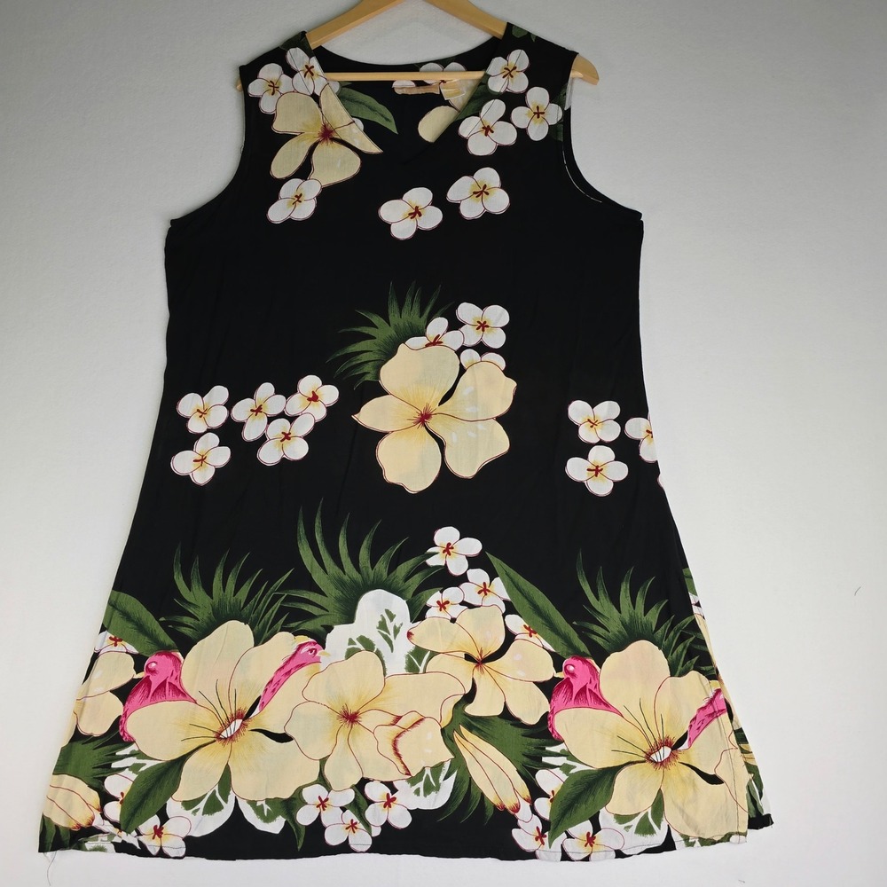 La Cera Tropical Floral Rayon Sleeveless V-Neck Shift Dress Black XL